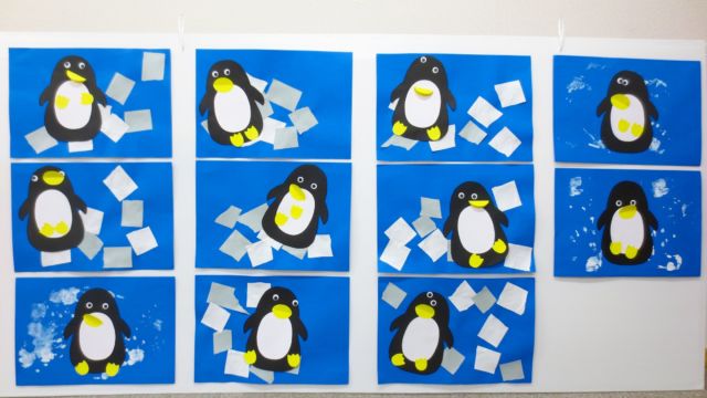 2月の製作♪
「ペンギン🐧」を作りました✨
紙をビリッ！！と破ると冷た～い氷が完成😊🖌
氷が大好きなペンギンさんはたくさんの氷に囲まれて嬉しそうです♪
0歳児のお友だちは手形スタンプで氷を表現しました💕

#2月壁面 
#ペンギン